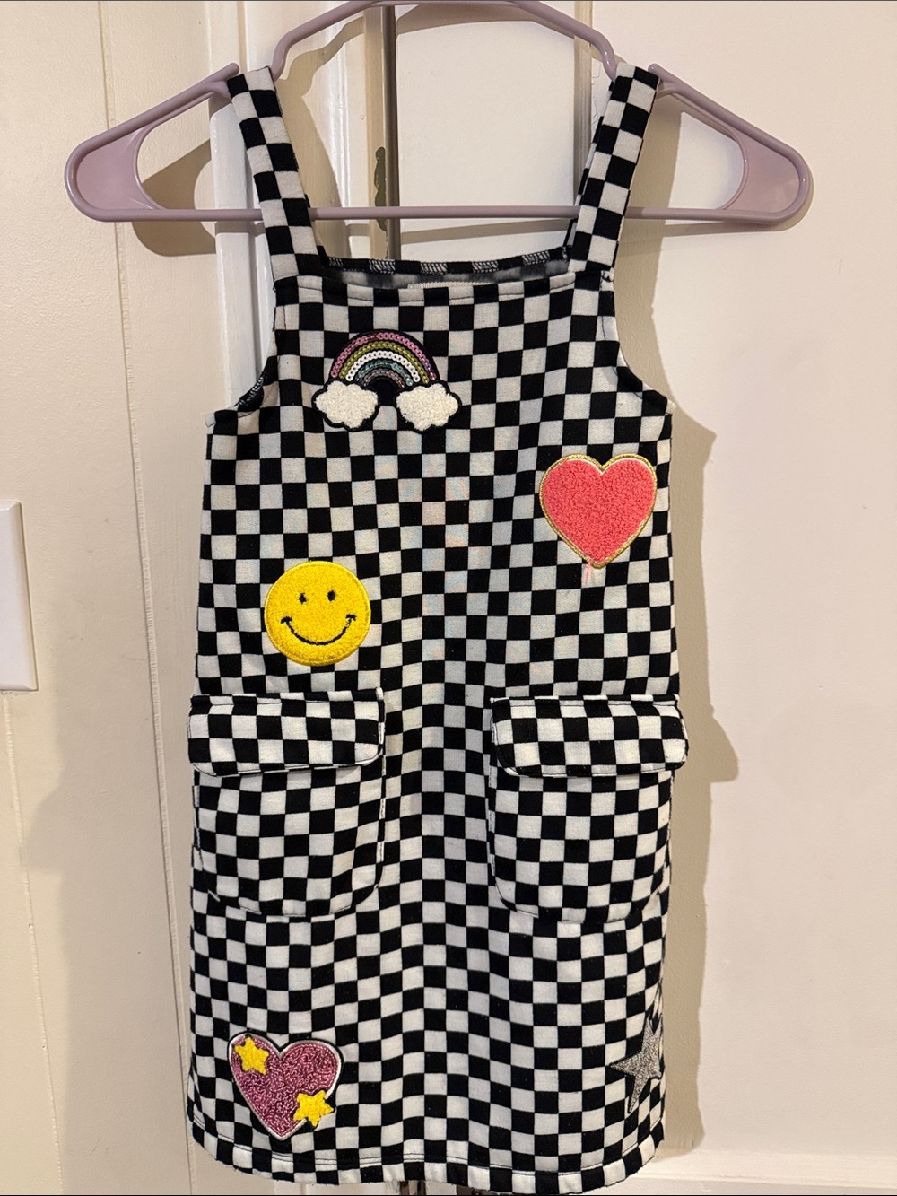 Checkerboard Patch Pocket Pinafore Dress - Black & White with Colorful Patches